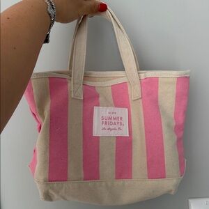 Summer Fridays Pink and Cream Striped Tote